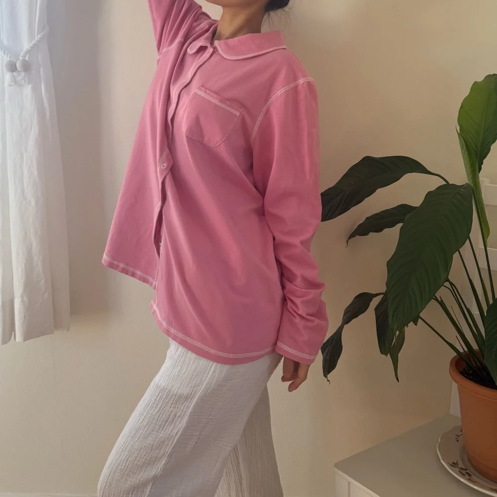 Denim & Company Cotton Pink Pajama Top With Snap Button Collared Size XL - Picture 6 of 11
